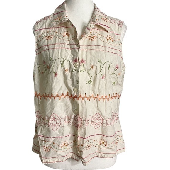 Kim Rogers Tops - Kim Rogers Sleeveless Button Down Shirt with Embroidery